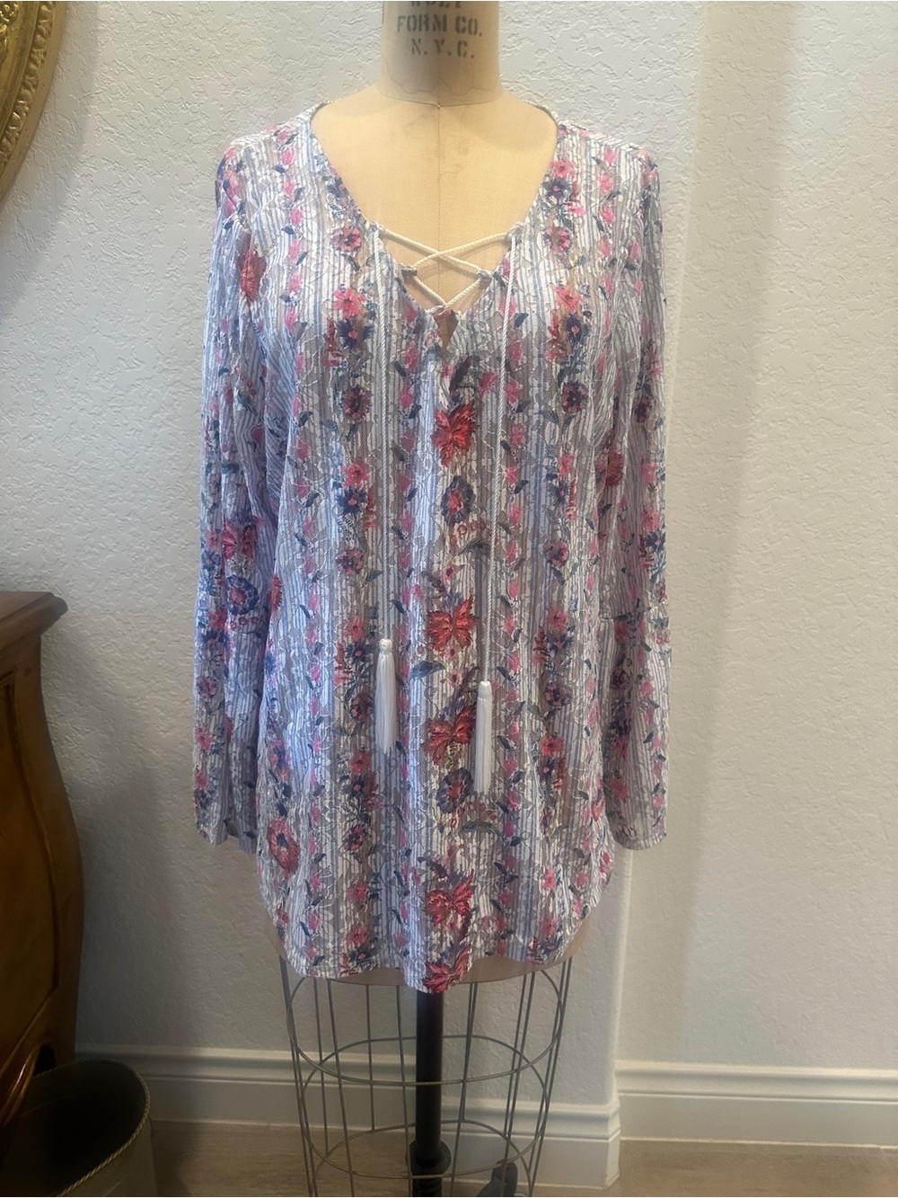 NY Collection Lace-Up Floral Lacey Top in Light Blue and Pink